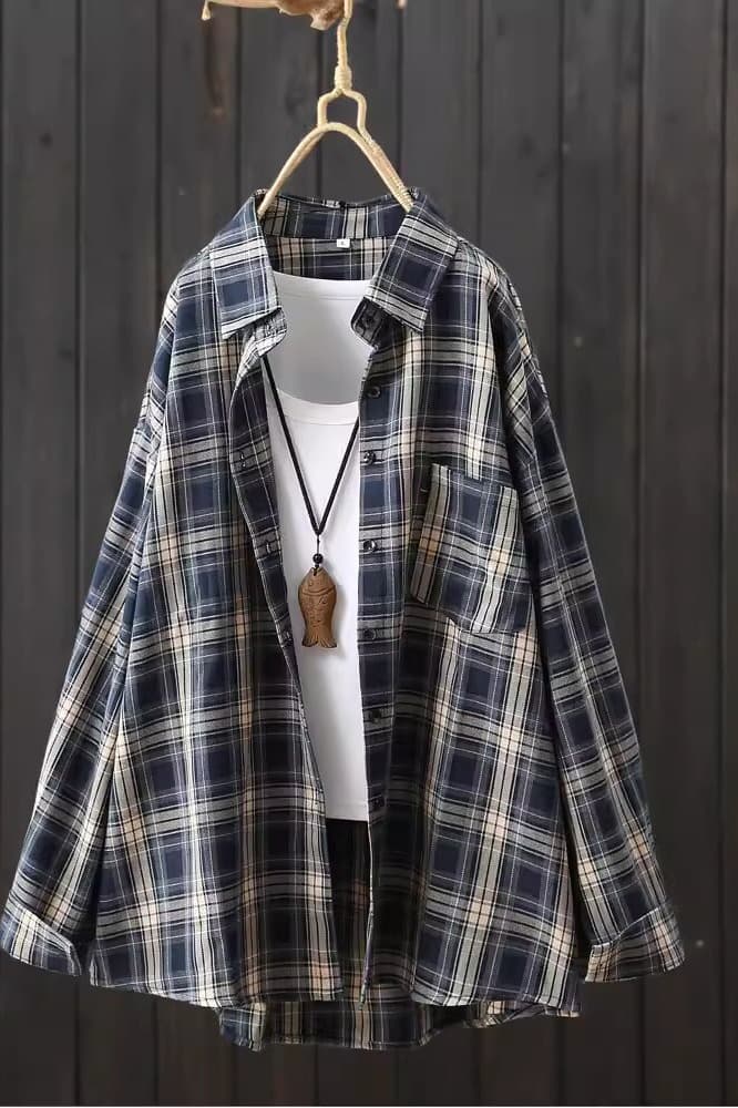 가을 의상 새로운 캐주얼 격자 무늬 셔츠 루즈핏 체크무늬 긴팔 셔츠 POLO 칼라 얇은 코트 맨위 여성 이미지 6