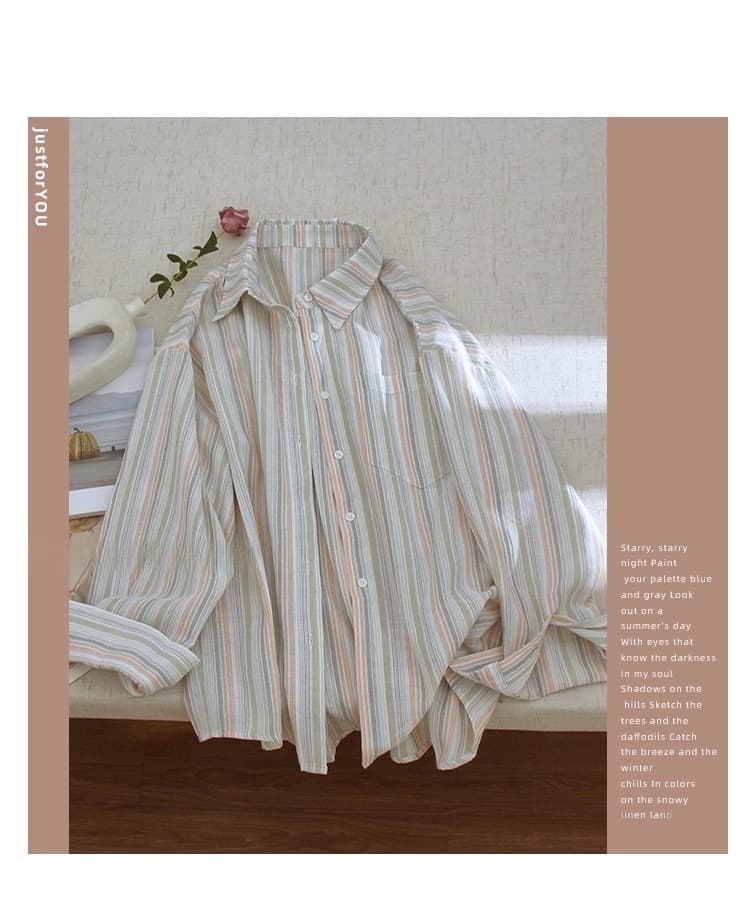 가을 의상 새로운 한국 스타일 스트라이프 자외선 차단 셔츠 인터넷 유명인 폭발 루즈핏 슬림해 보이는 BF 바람 면 린넨 긴팔 셔츠 여성 상세 이미지 3