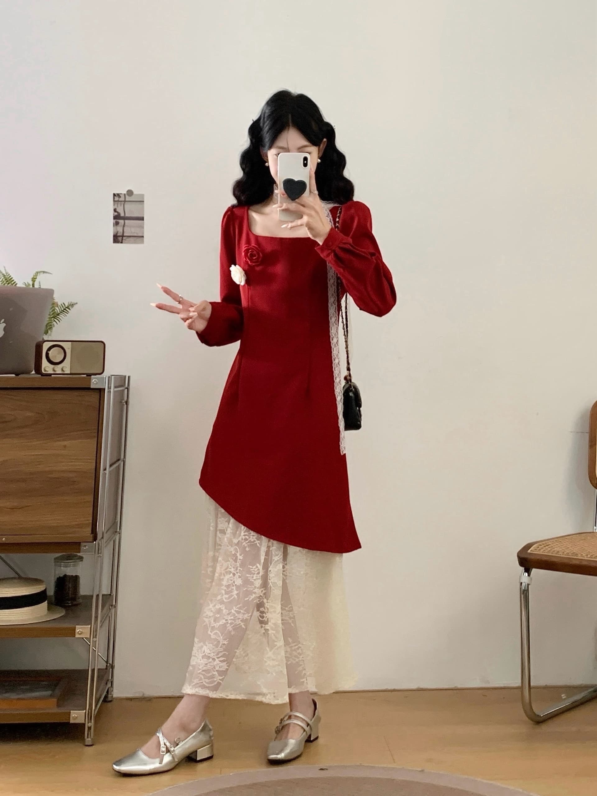 실사 광장 칼라 배색 레이스 드레스 2026 년 가을 새로운 페이크 레이어드 점프 슈트 치마 이미지 4