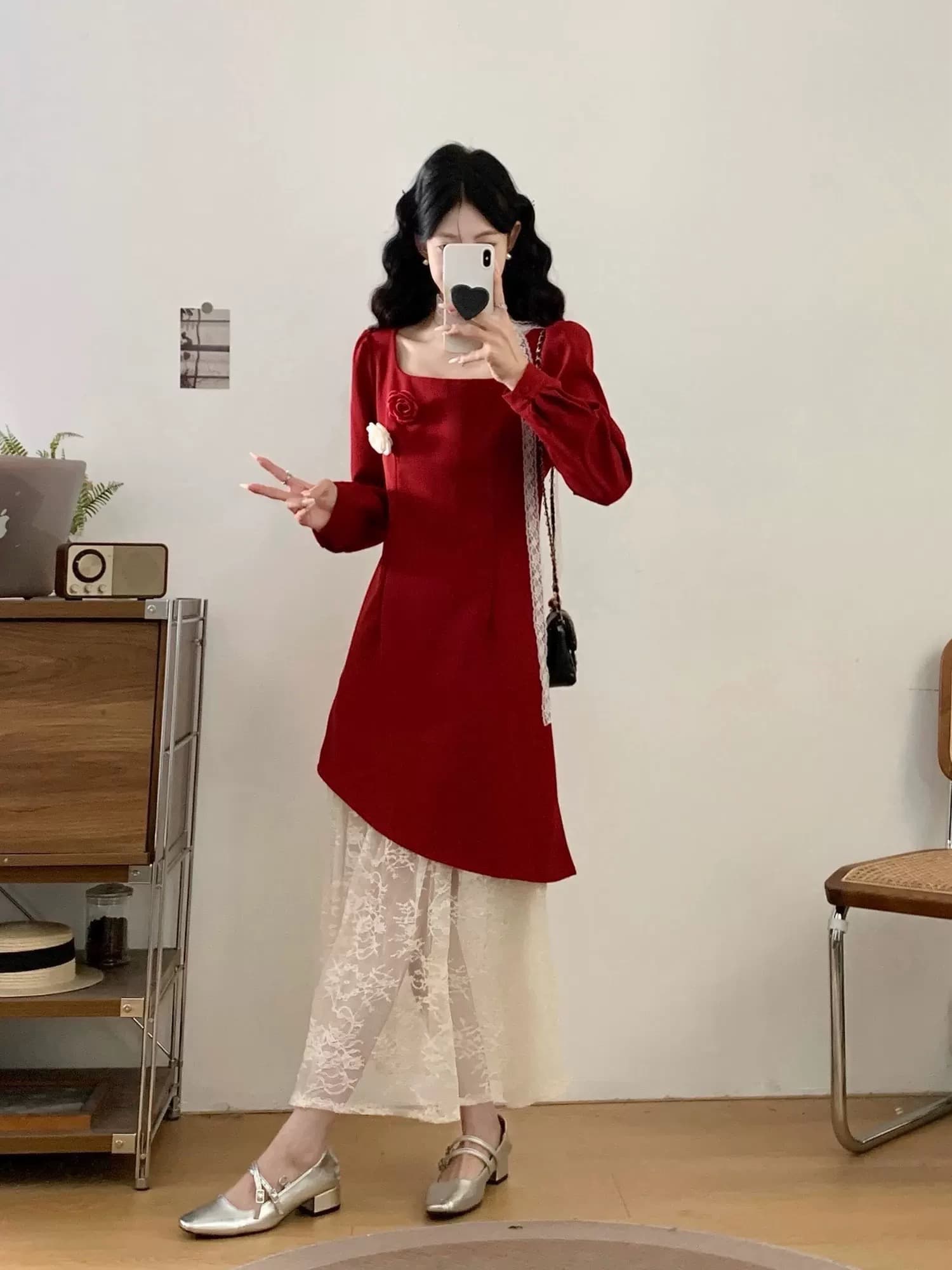 실사 광장 칼라 배색 레이스 드레스 2026 년 가을 새로운 페이크 레이어드 점프 슈트 치마 상세 이미지 5