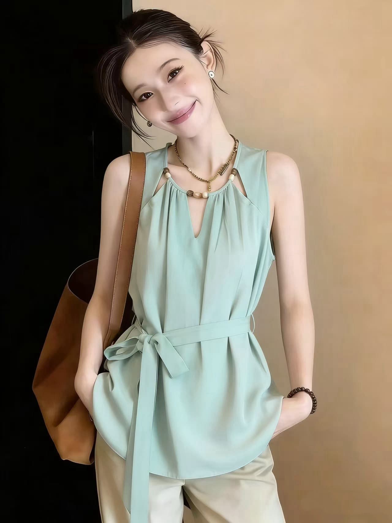 레트로 휴가 바람 캐미솔 여름 녹색 레이스업 허리 수축 아름다움 뒤로 민소매 맨위 상세 이미지 3