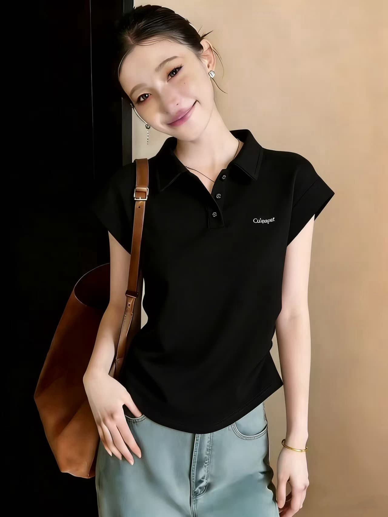 한 부서 출퇴근 바람 검정색 POLO 셔츠 반팔 티셔츠 여성 여름 긍정적 인 어깨 작은 날다 소매 폴로 칼라 맨위 상세 이미지 1
