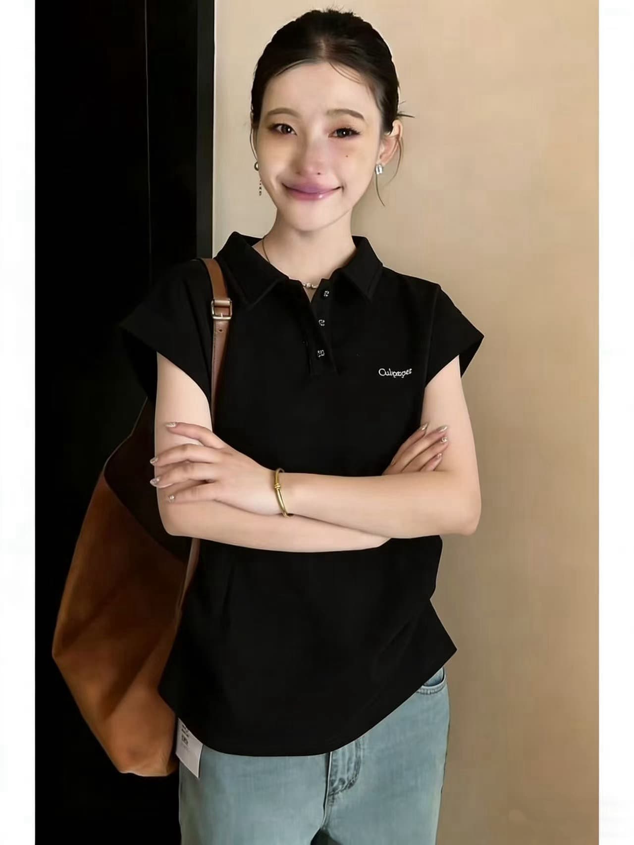 한 부서 출퇴근 바람 검정색 POLO 셔츠 반팔 티셔츠 여성 여름 긍정적 인 어깨 작은 날다 소매 폴로 칼라 맨위 상세 이미지 7