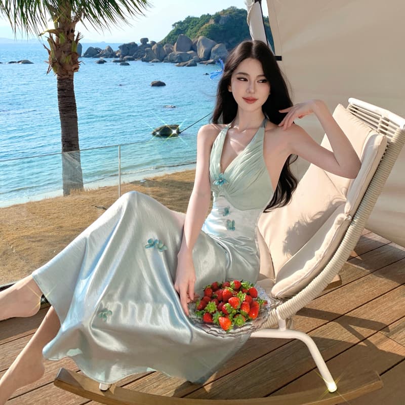 나비 진주 프랑스식 휴가 바람 무거운 작업 행침 목 파란색 꽃 드레스 새틴 요정 치마 여름 이미지 2