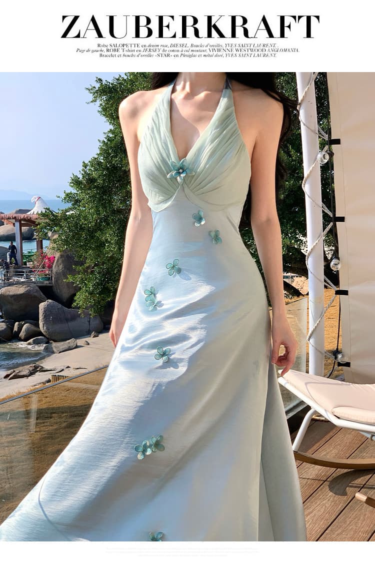 나비 진주 프랑스식 휴가 바람 무거운 작업 행침 목 파란색 꽃 드레스 새틴 요정 치마 여름 상세 이미지 8