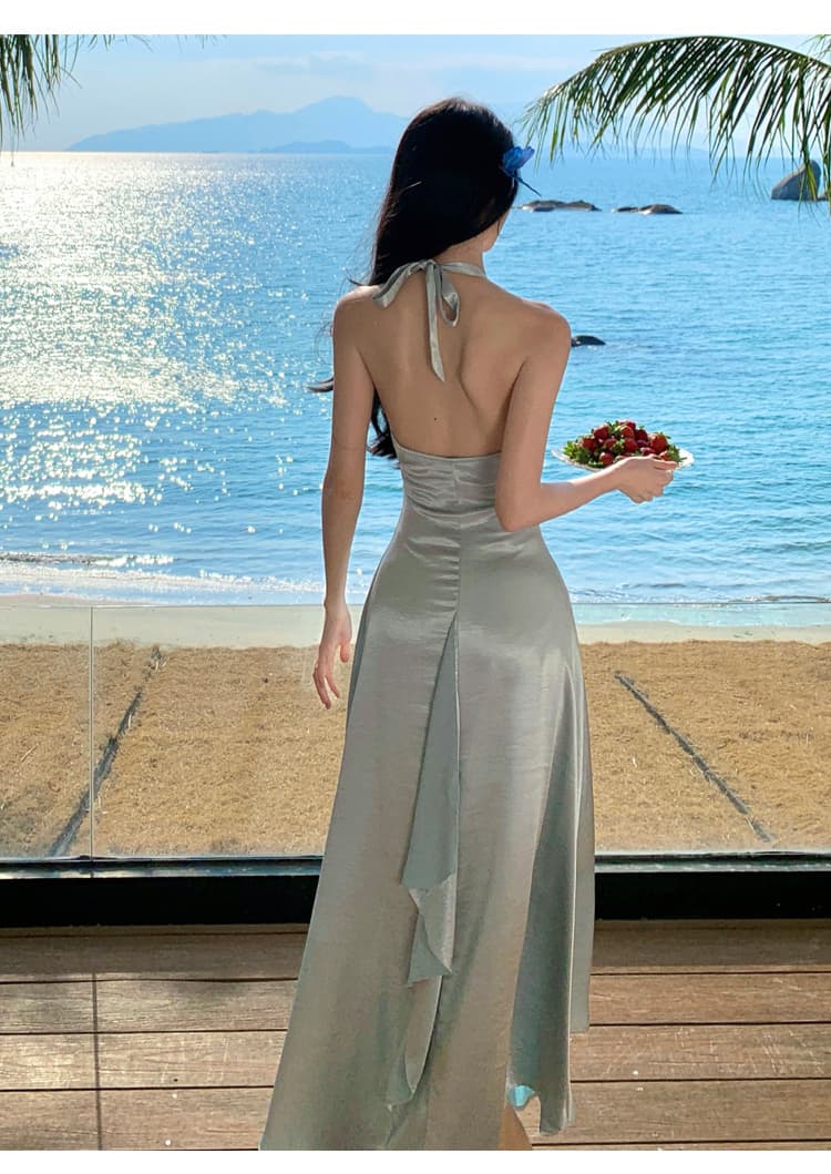 나비 진주 프랑스식 휴가 바람 무거운 작업 행침 목 파란색 꽃 드레스 새틴 요정 치마 여름 상세 이미지 9