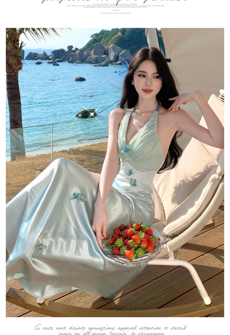 나비 진주 프랑스식 휴가 바람 무거운 작업 행침 목 파란색 꽃 드레스 새틴 요정 치마 여름 상세 이미지 11