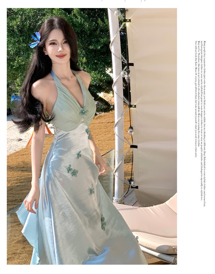 나비 진주 프랑스식 휴가 바람 무거운 작업 행침 목 파란색 꽃 드레스 새틴 요정 치마 여름 상세 이미지 12