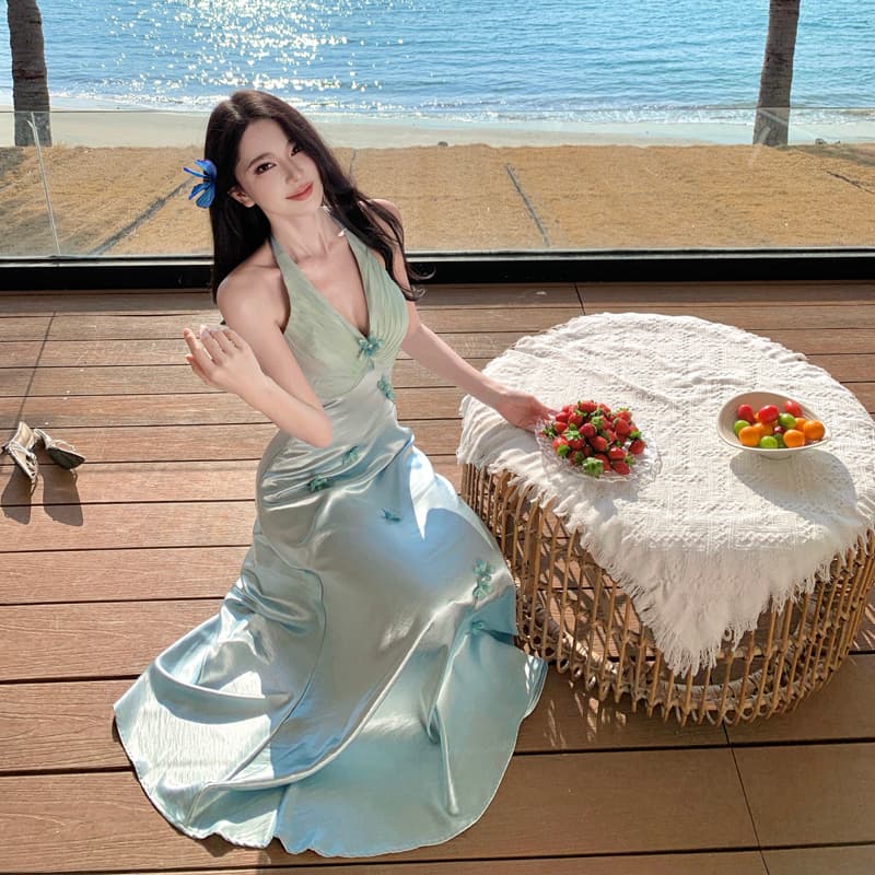나비 진주 프랑스식 휴가 바람 무거운 작업 행침 목 파란색 꽃 드레스 새틴 요정 치마 여름 이미지 4