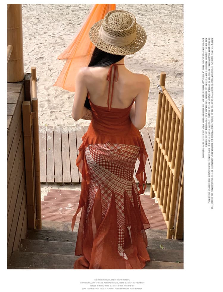 붉은 마음 그리드 빨간색 망사 행침 목 맨위 체크무늬 우아한 통기성 인어 꼬리 반 스커트 휴가 세트 상세 이미지 11