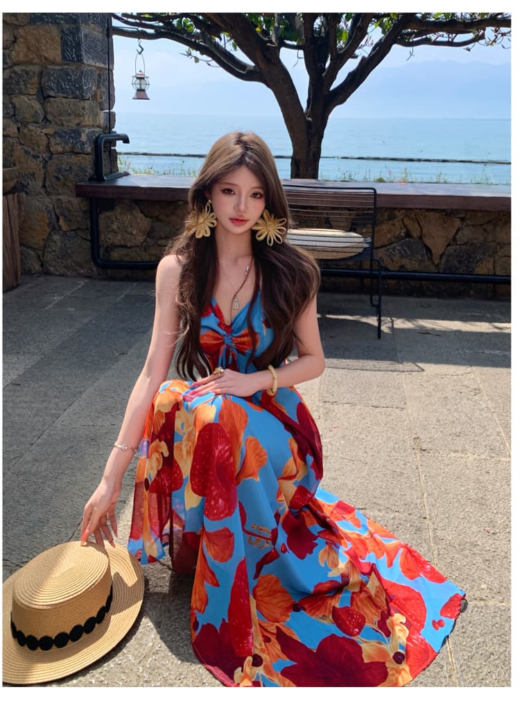 열대 우림 품격 프린트 슬림해 보이는 슬립 드레스 꽃무늬 허리 수축 휴가 롱 스커트 상세 이미지 12