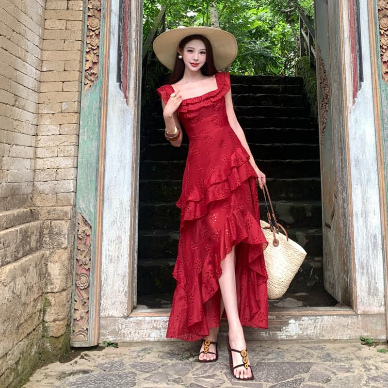 순수한 욕망 핫걸 빨간색 자수 슬립 여성 드레스 불규칙 프릴 섹시함 트임 해변가 휴가 롱 스커트 이미지 2
