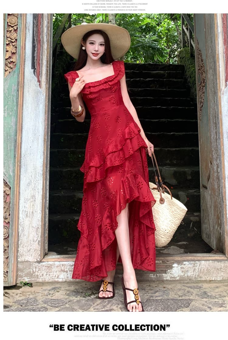 순수한 욕망 핫걸 빨간색 자수 슬립 여성 드레스 불규칙 프릴 섹시함 트임 해변가 휴가 롱 스커트 상세 이미지 14