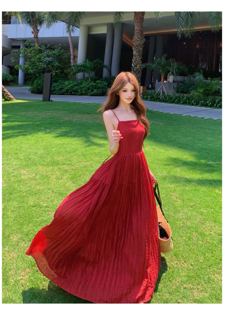 아름다운 해변가 착용 가져 가라. 해변 드레스 빨간색 섬 ootd 휴가 드레스 분위기 센스 운남 관광 치마 상세 이미지 11