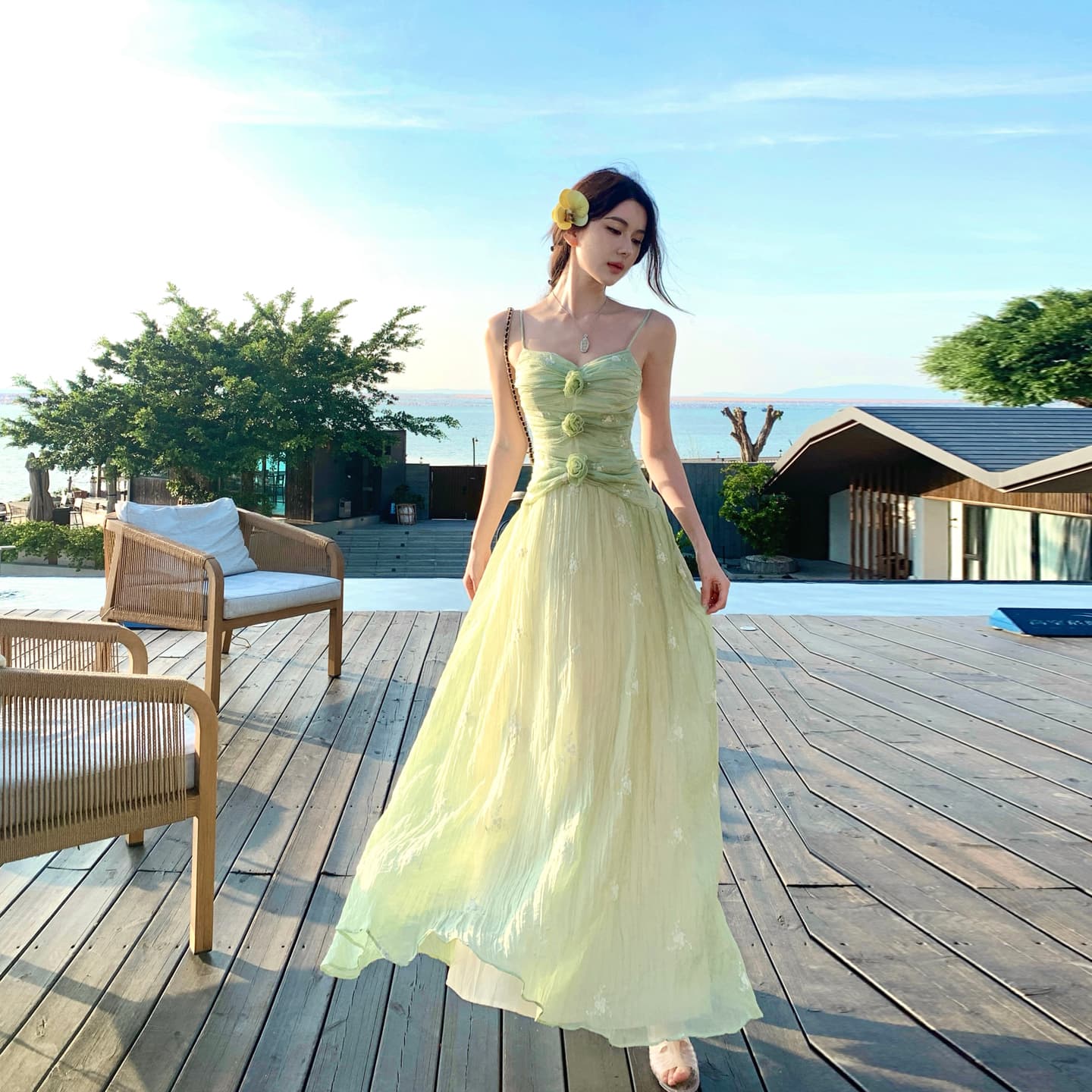 프랑스식 품격 꽃 주름 슬립 드레스 여름 부드러운 바람 허리 수축 해변가 휴가 치마 여성