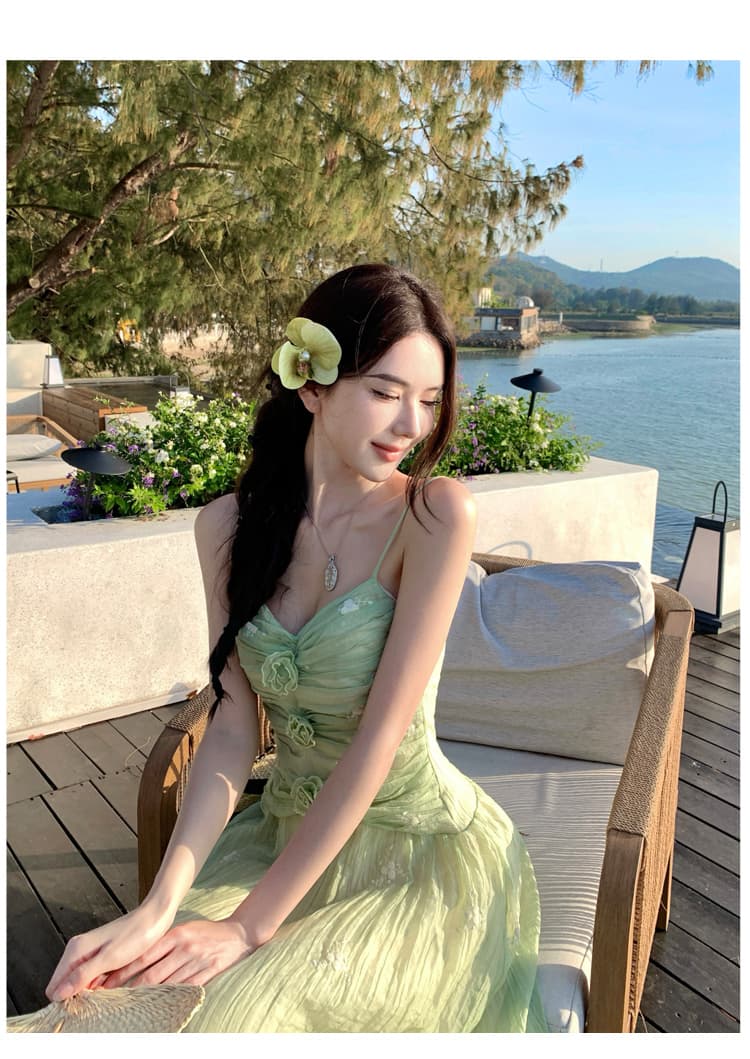프랑스식 품격 꽃 주름 슬립 드레스 여름 부드러운 바람 허리 수축 해변가 휴가 치마 여성 상세 이미지 12