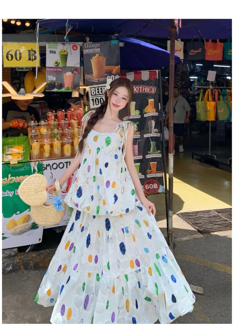 부문 어린이 화이트 공작 무거운 작업 색상 도트 무늬 어린애 같은 질감 센스 꽃밭 맨위 대 치마 반 스커트 세트 상세 이미지 12
