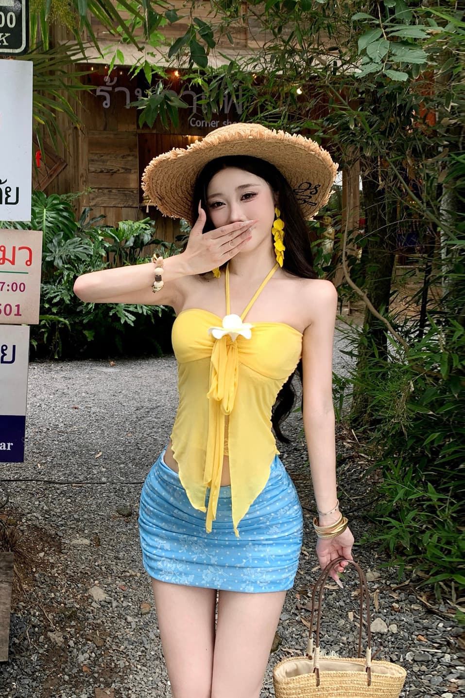 레몬 해안 여름 Mingyan 부서 튜브탑 행침 목 스트랩 꽃 맨위 도트 무늬 메쉬 타이트 스커트 반 스커트 세트 이미지 7