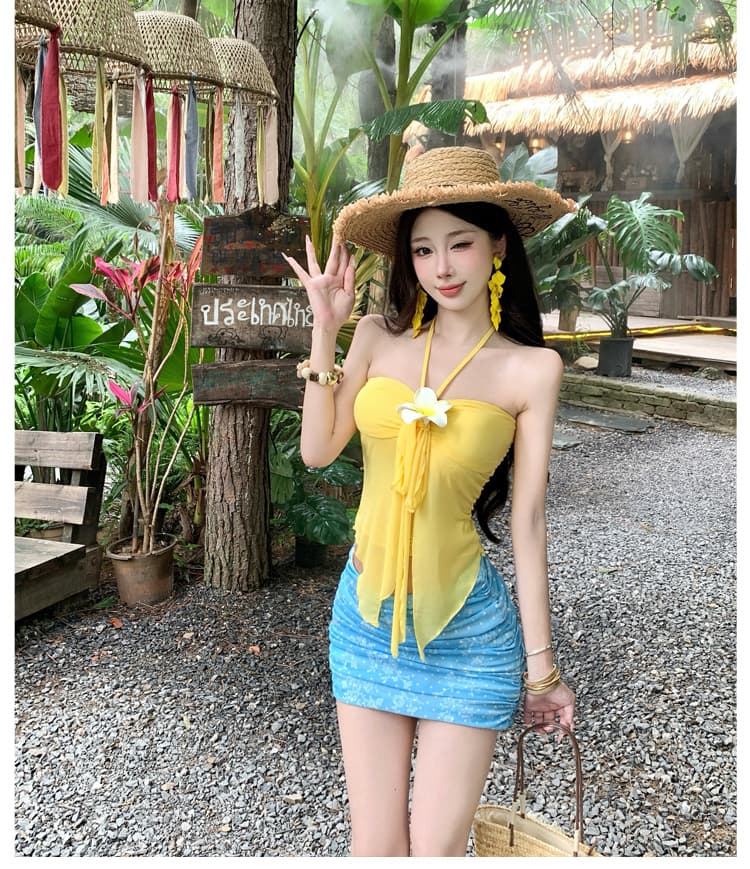 레몬 해안 여름 Mingyan 부서 튜브탑 행침 목 스트랩 꽃 맨위 도트 무늬 메쉬 타이트 스커트 반 스커트 세트 상세 이미지 1