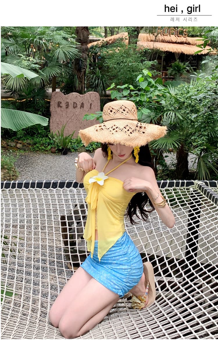 레몬 해안 여름 Mingyan 부서 튜브탑 행침 목 스트랩 꽃 맨위 도트 무늬 메쉬 타이트 스커트 반 스커트 세트 상세 이미지 15