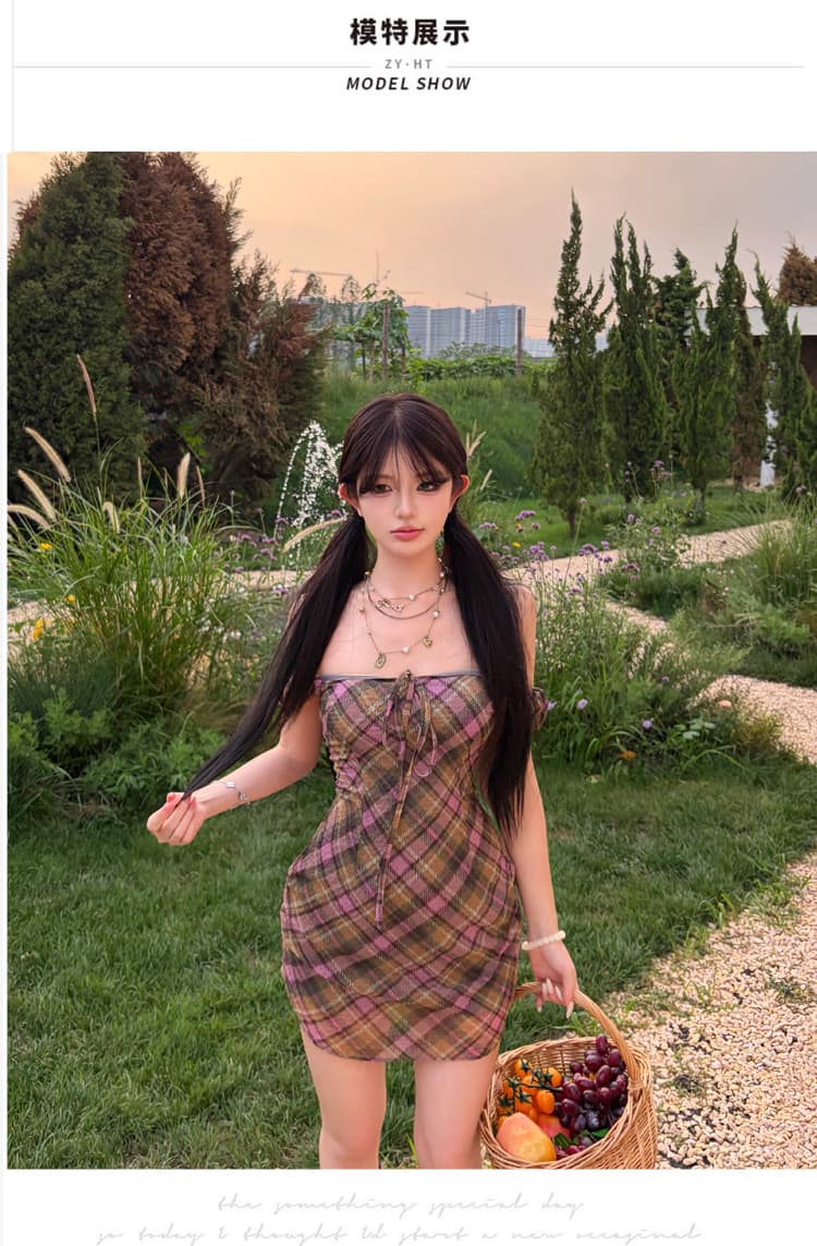 달콤한 부서 격자 체크무늬 미학 2026 여름 새로운 여성 레트로 체크무늬 허리 수축 드레스 상세 이미지 3