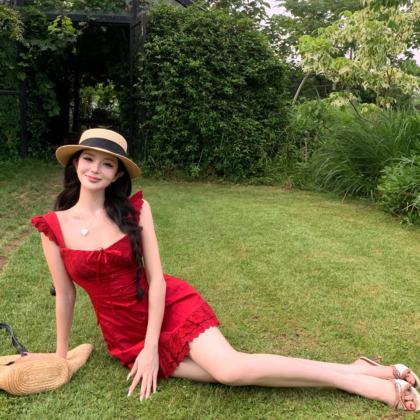 와인 얼룩 장미 작은 날다 소매 빨간색 슬립 여성 드레스 여름 낭만주의 휴가 바람 품격 미니 스커트 이미지 4