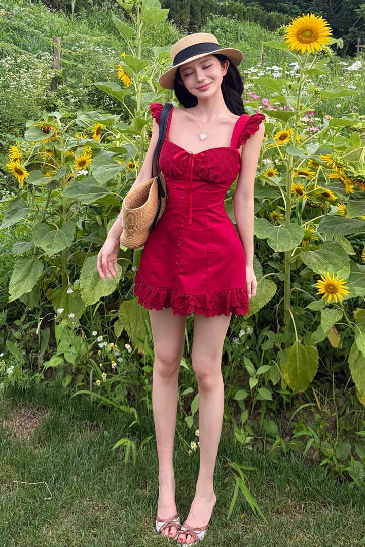 와인 얼룩 장미 작은 날다 소매 빨간색 슬립 여성 드레스 여름 낭만주의 휴가 바람 품격 미니 스커트 이미지 7