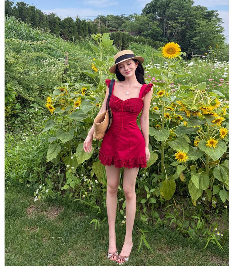 와인 얼룩 장미 작은 날다 소매 빨간색 슬립 여성 드레스 여름 낭만주의 휴가 바람 품격 미니 스커트 상세 이미지 1