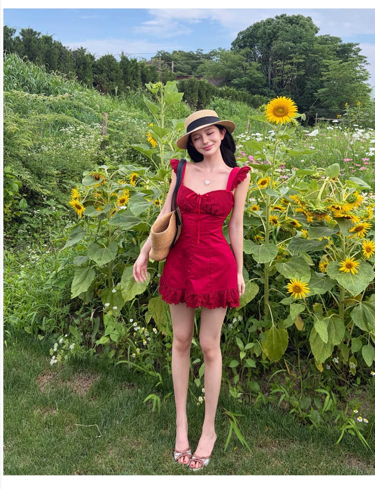 와인 얼룩 장미 작은 날다 소매 빨간색 슬립 여성 드레스 여름 낭만주의 휴가 바람 품격 미니 스커트 상세 이미지 6