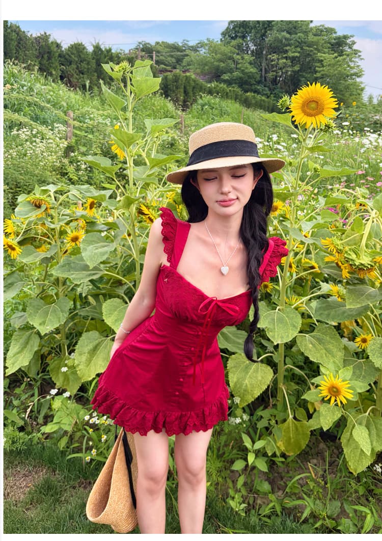 와인 얼룩 장미 작은 날다 소매 빨간색 슬립 여성 드레스 여름 낭만주의 휴가 바람 품격 미니 스커트 상세 이미지 7