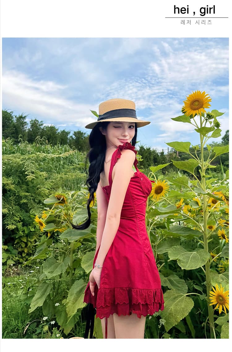 와인 얼룩 장미 작은 날다 소매 빨간색 슬립 여성 드레스 여름 낭만주의 휴가 바람 품격 미니 스커트 상세 이미지 9