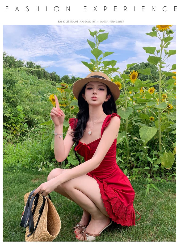 와인 얼룩 장미 작은 날다 소매 빨간색 슬립 여성 드레스 여름 낭만주의 휴가 바람 품격 미니 스커트 상세 이미지 13