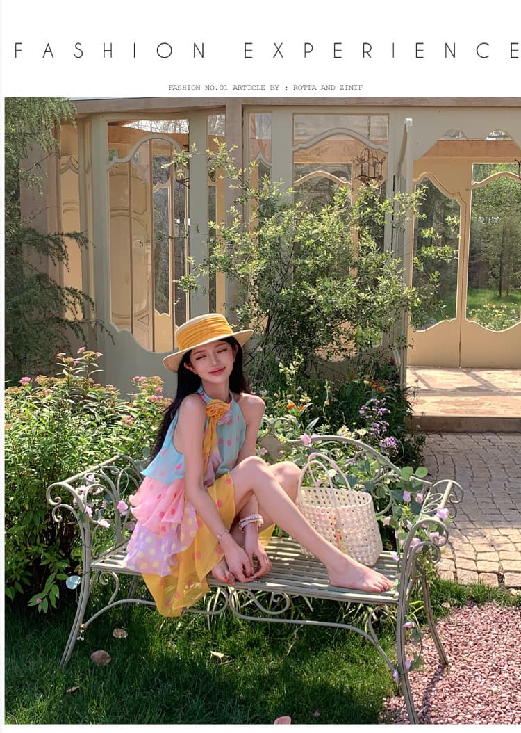 중간 길이 색상 민소매 행침 목 한 마디 도트 무늬 케이크 여성 드레스 여름 달콤함 치마 상세 이미지 9