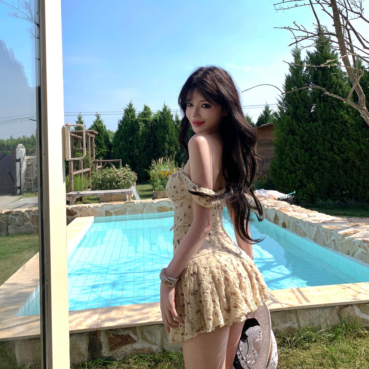 꽃무늬 여성 드레스 2026 여름 새로운 허리 수축 슬림해 보이는 레이스 오프숄더 오프숄더 미니 스커트 이미지 6