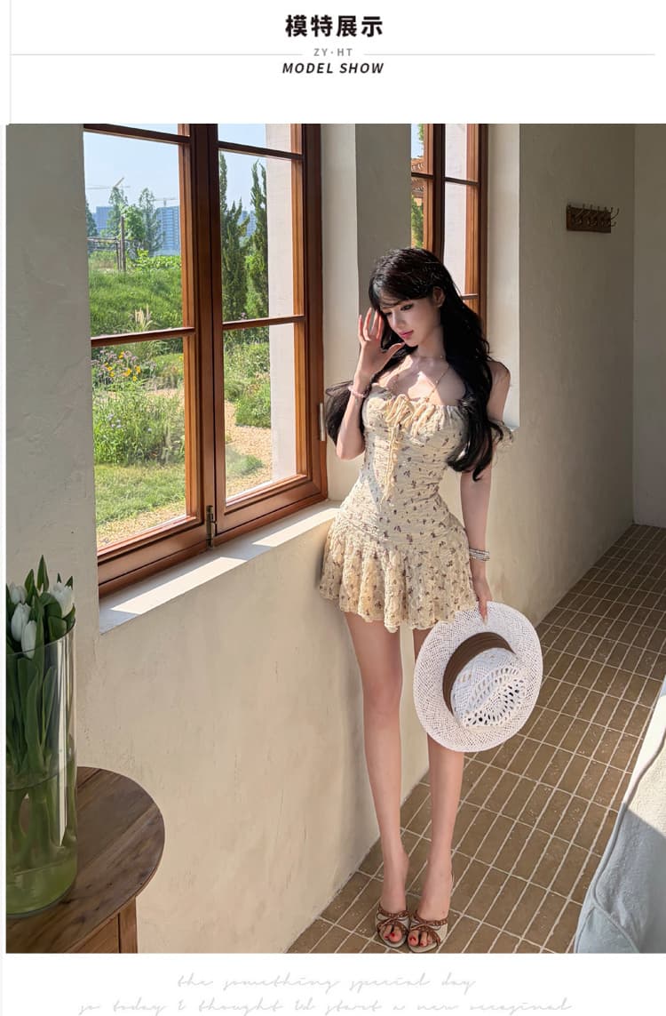 꽃무늬 여성 드레스 2026 여름 새로운 허리 수축 슬림해 보이는 레이스 오프숄더 오프숄더 미니 스커트 상세 이미지 4