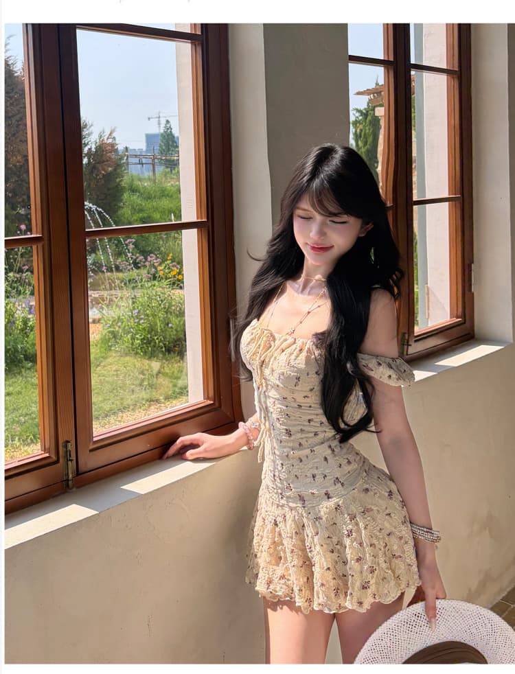 꽃무늬 여성 드레스 2026 여름 새로운 허리 수축 슬림해 보이는 레이스 오프숄더 오프숄더 미니 스커트 상세 이미지 5