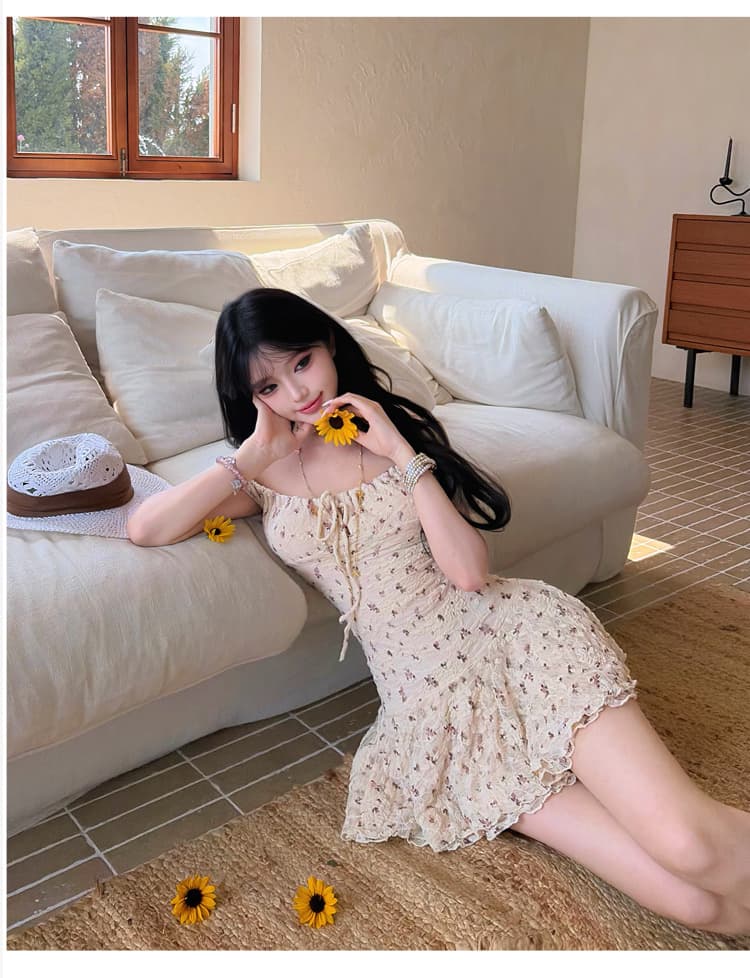 꽃무늬 여성 드레스 2026 여름 새로운 허리 수축 슬림해 보이는 레이스 오프숄더 오프숄더 미니 스커트 상세 이미지 7