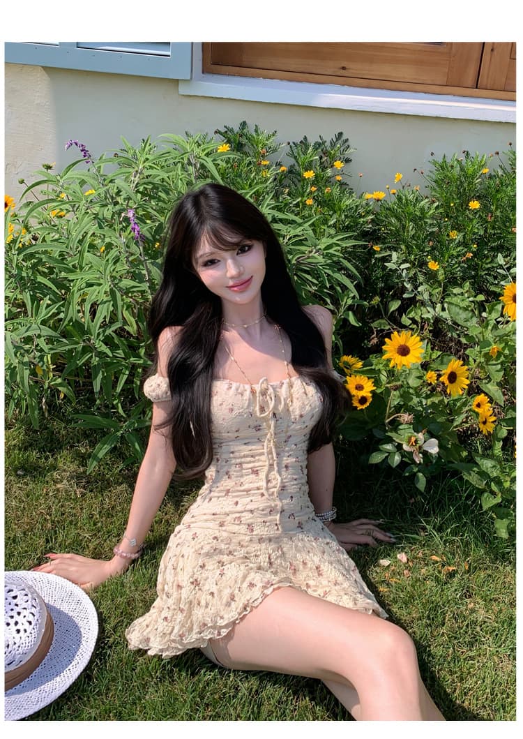 꽃무늬 여성 드레스 2026 여름 새로운 허리 수축 슬림해 보이는 레이스 오프숄더 오프숄더 미니 스커트 상세 이미지 12