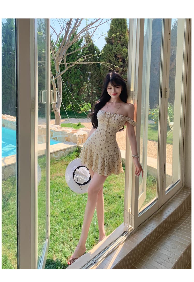 꽃무늬 여성 드레스 2026 여름 새로운 허리 수축 슬림해 보이는 레이스 오프숄더 오프숄더 미니 스커트 상세 이미지 13