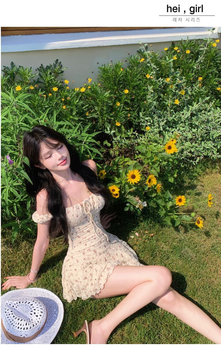 꽃무늬 여성 드레스 2026 여름 새로운 허리 수축 슬림해 보이는 레이스 오프숄더 오프숄더 미니 스커트 상세 이미지 15
