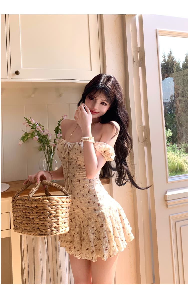 꽃무늬 여성 드레스 2026 여름 새로운 허리 수축 슬림해 보이는 레이스 오프숄더 오프숄더 미니 스커트 상세 이미지 19