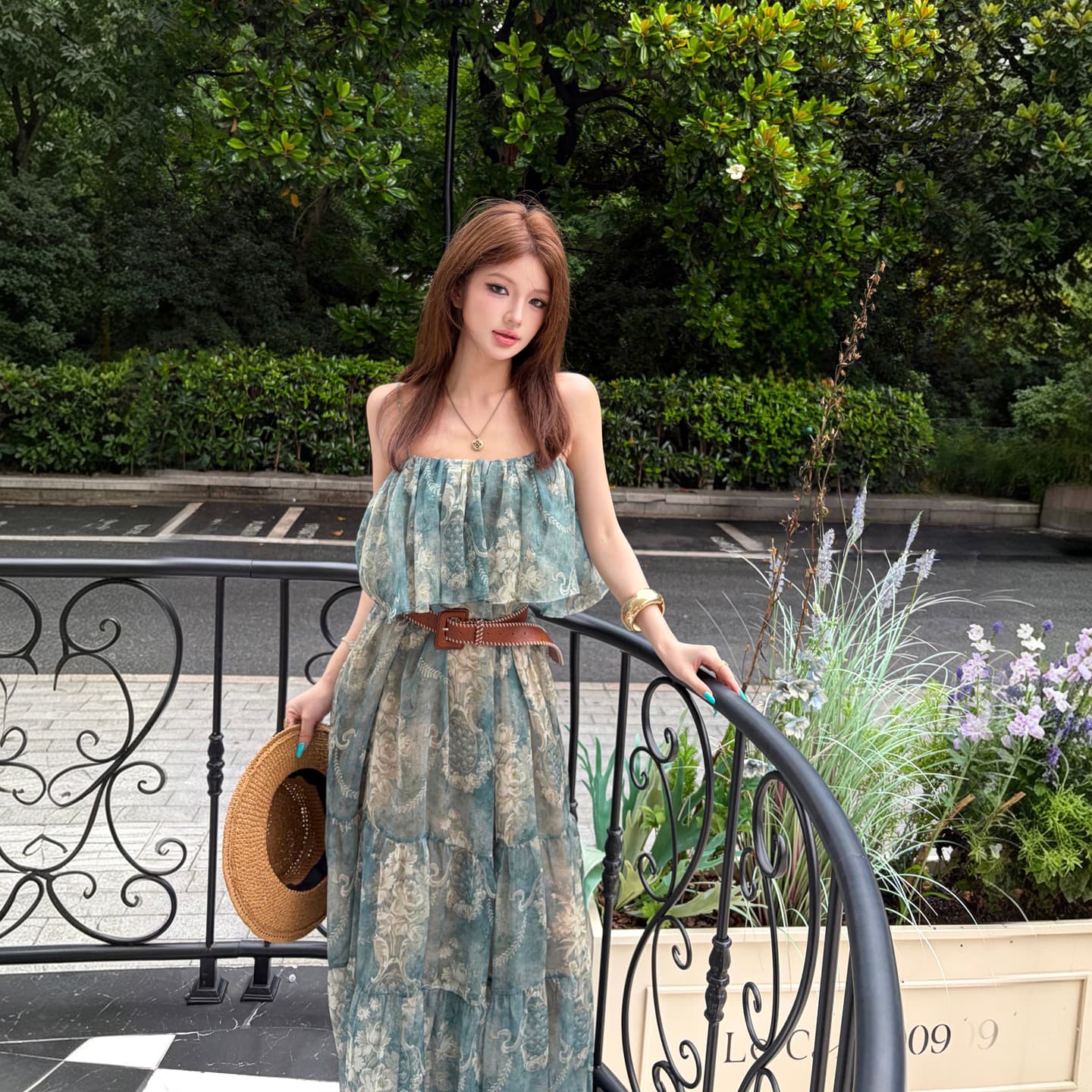 프랑스식 낭만주의 바람 휴가 슬립 여성 드레스 푸른 녹색 롱 스커트 허리 수축 치마 휴가 바람 착용 가져 가라. 이미지 2
