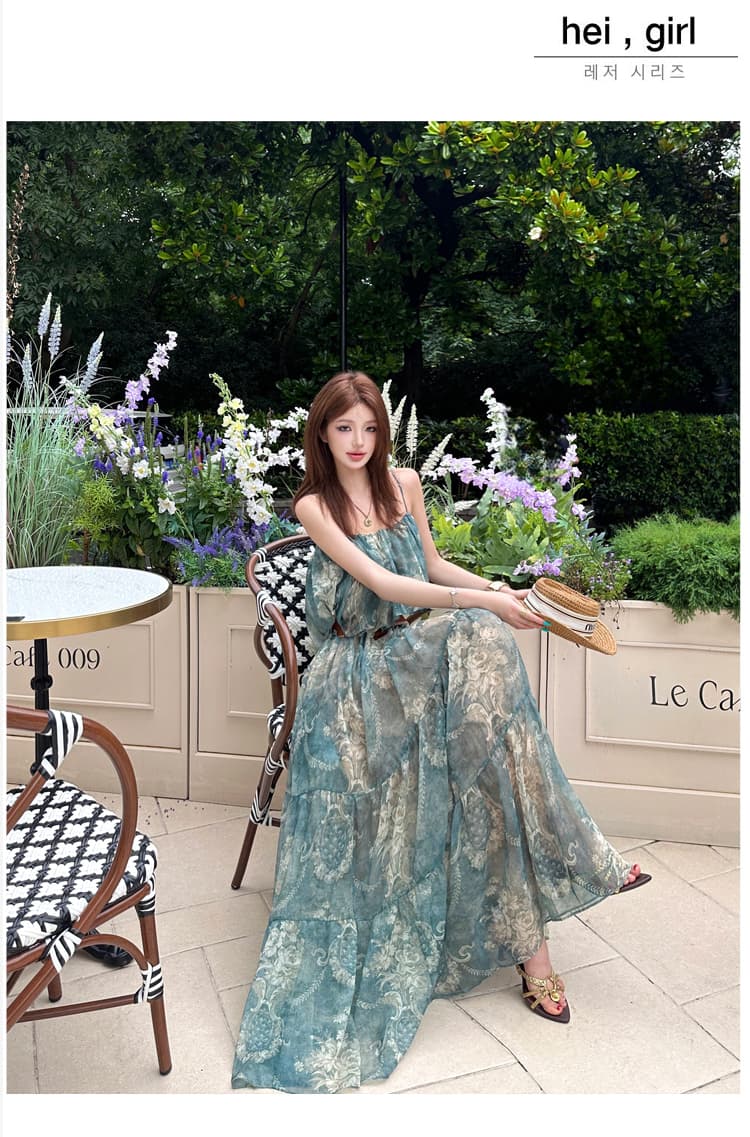 프랑스식 낭만주의 바람 휴가 슬립 여성 드레스 푸른 녹색 롱 스커트 허리 수축 치마 휴가 바람 착용 가져 가라. 상세 이미지 10