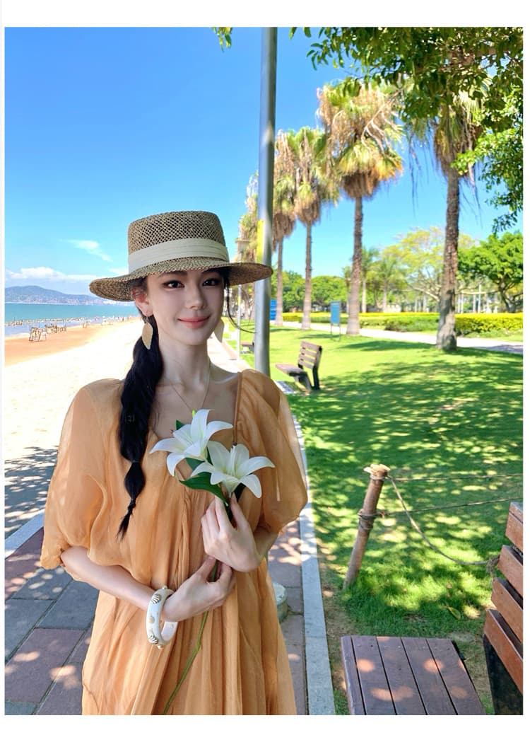 호박색 깃발 감기 센스 광장 칼라 거품 소매 구슬 빛 여성 드레스 여름 품격 치마 상세 이미지 11