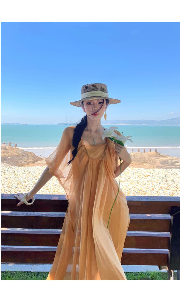 호박색 깃발 감기 센스 광장 칼라 거품 소매 구슬 빛 여성 드레스 여름 품격 치마 상세 이미지 15