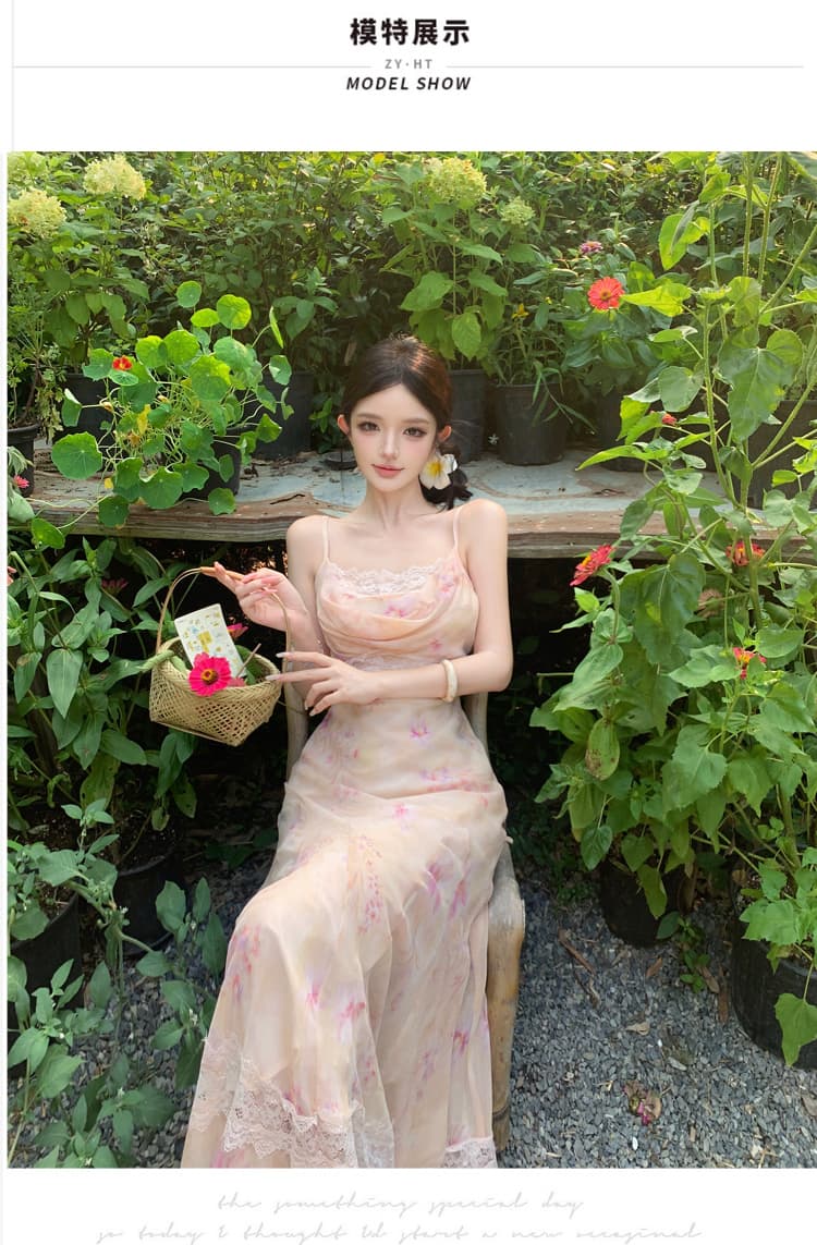 꽃 신 푸 로라 프랑스식 흔들다 칼라 레이스 조각 드레스 프린트 롱 코트 슬립 드레스 상세 이미지 4