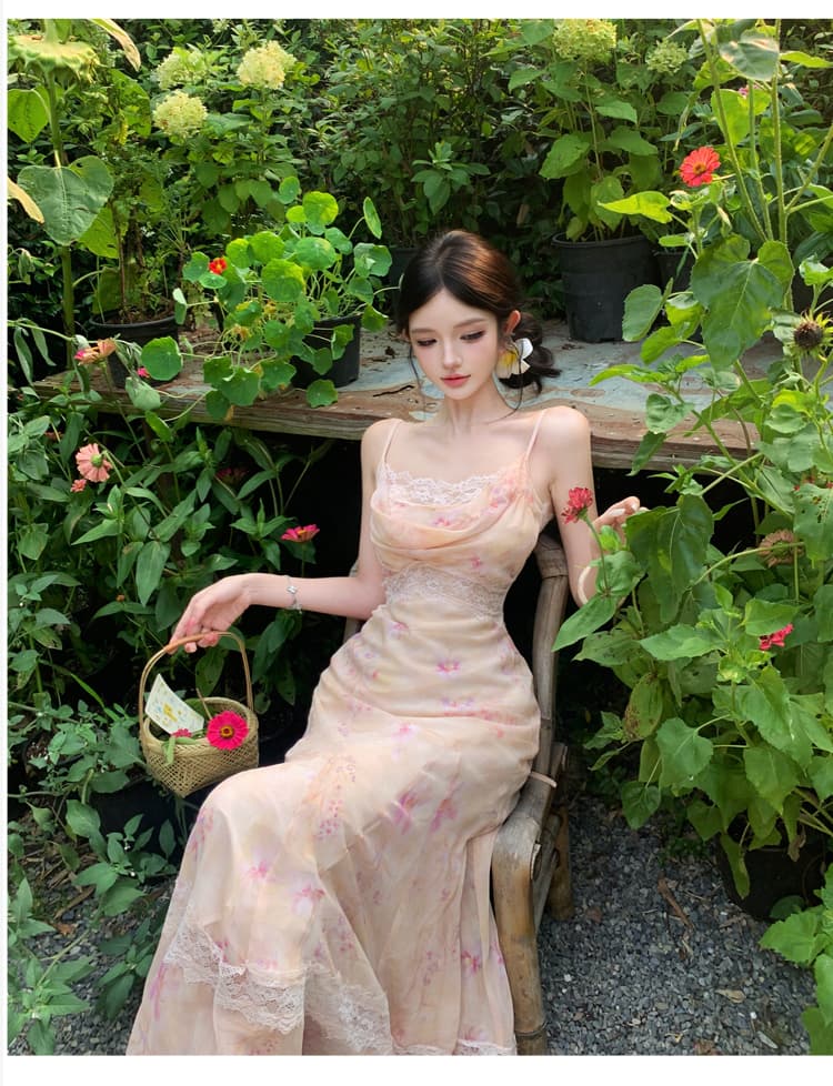 꽃 신 푸 로라 프랑스식 흔들다 칼라 레이스 조각 드레스 프린트 롱 코트 슬립 드레스 상세 이미지 7