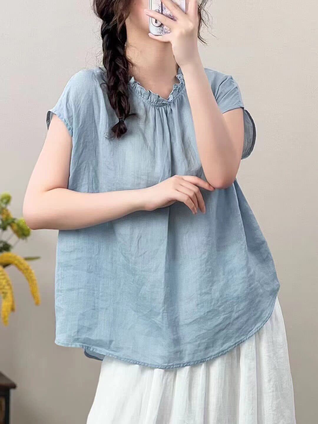 2026 여름 새로운 면 린넨 레트로 곰팡이 고리 이후 열기 버클 셔츠 얇은 스타일 단색 맨위 상세 이미지 6