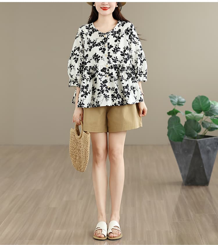 실사 2026 여름 새로운 면 린넨 빅 사이즈 루즈핏 라운드 넥 오픈 가디건 벌룬 소매 꽃무늬 셔츠 인형 셔츠 맨위 상세 이미지 19