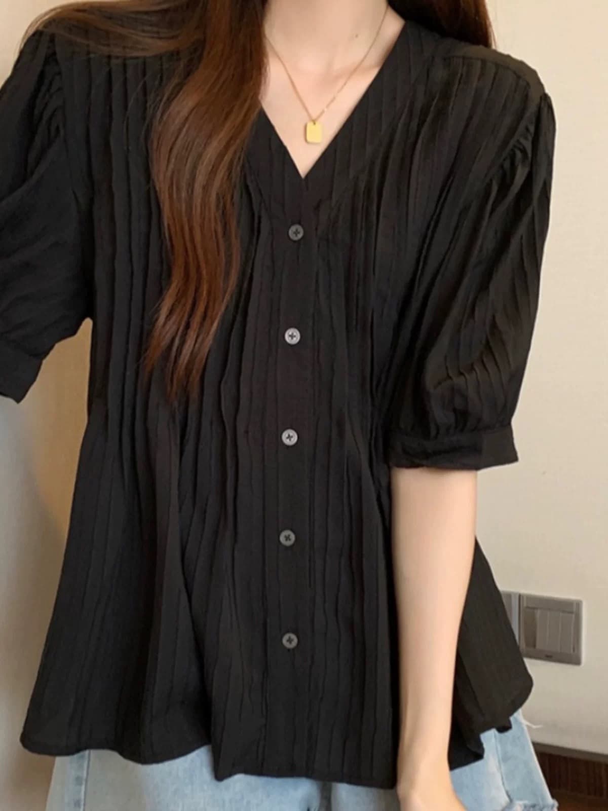 주름 V넥 반팔 여성 셔츠 여름 빅 사이즈 지방 mm 외국 가스 연령 감소 루즈핏 슬림해 보이는 셔츠 맨위 이미지 2